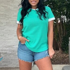 NWT Sunshine & Rodeos Mint Green Waffle Knit Short Sleeve Ringer Top Size L Aqua